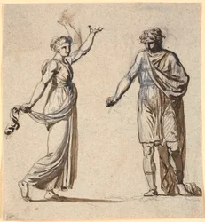 Hombre y mujer con trajes antiguos