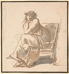 Retrato de la segunda esposa del artista Juliane Marie Abildgaard, nacida Ottesen, embarazada, sentada en un sillón con la barbilla apoyada en la mano y el codo en la rodilla