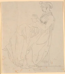 Retrato de perfil de la segunda esposa del artista Juliane Marie Abildgaard nacida Ottesen, sentada con costura, figura completa