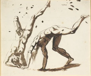 Dos hombres desnudos haciendo volteretas, de pie sobre la cabeza o similar