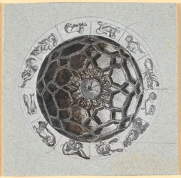 Boceto de una decoración geométrica de una cúpula; signos del zodiaco alrededor