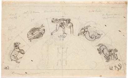 Boceto para un relieve de un campo semicircular; en el centro una mujer ofreciendo en un trípode, alrededor se ven algunos signos del zodiaco