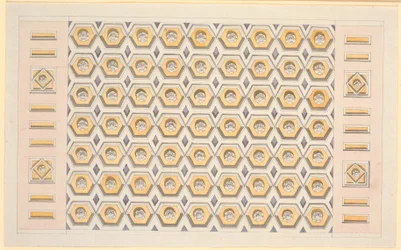 Boceto para techo con casetones hexagonales y rosetones en amarillo y violeta