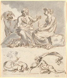 Boceto para escena de "El asno de oro" de Apuleyo, Libro 4. El ama de llaves de la banda de ladrones cuenta a la joven la leyenda de Amor y Psique. Debajo, un par de delfines y una figura desnuda, posiblemente el aguador - signo del zodiaco para febrero y 