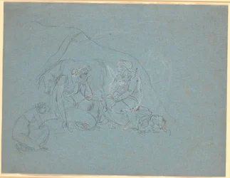 Boceto de escena en el "El asno de oro" de Apuleyo, libro 4. El ama de llaves de la banda de ladrones cuenta a la joven la historia de Amor y Psique