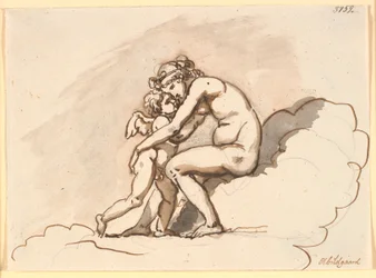 Venus, sentada en las nubes, abraza a Amor