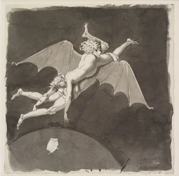 Catalina la Grande, desnuda, alejándose volando de la Tierra sobre la espalda de un hombre con alas de murciélago, siglo XVIII