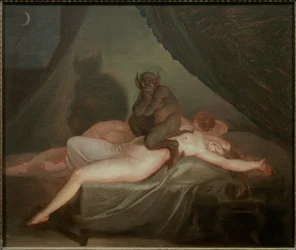 La pesadilla. Un diablo sentado sobre el cuerpo de una mujer desnuda durmiendo en medio de la noche