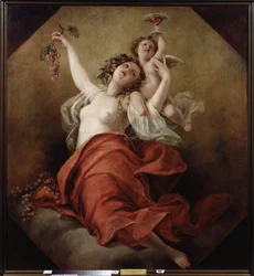Bacante (Bacchante). Una mujer con el pecho desnudo sostiene racimos de uvas con un ángel que lleva una copa de vino tinto. Pintura de Nicolai Apollonovich Malkov (1794-1873), óleo sobre lienzo