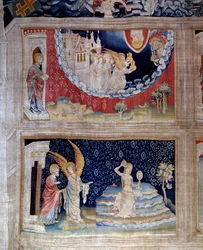 Cortina de la Revelación (1373-1383) No. 64: un ángel muestra a Juan la condena de Babilonia, el símbolo de la idolatría