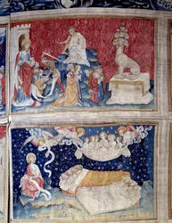 Colgadura del Apocalipsis (1373-1383). N. 44 alto: la bestia tiene siete cabezas. N. 51 bajo: El sueño de los justos. Tapiz de Nicolas Bataille