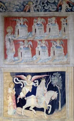 Tapiz del Apocalipsis (1373-1383), n. 28: San Juan en Patmos y las siete iglesias de Asia y abajo Primer sello: El vencedor con el caballo blanco. Tapiz de Nicolas Bataille (1330-1405)