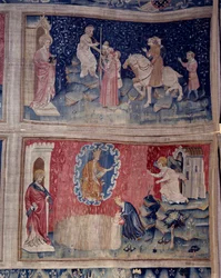 Tapiz del Apocalipsis (1373-1383), n. 46: la Bestia trae su número a todos: 666. Abajo, n. 53, la cosecha de los elegidos