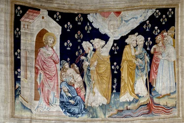 Tapiz de la Revelación (1373-1383), n. 28: el milagro. Fieles siervos de Dios y profetas miran el río convertido en sangre. Tapiz por Nicolas Bataille (1330-1405)