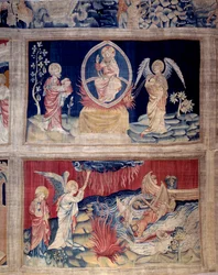 El telón de la Revelación (1373 -1383), n.º 15 y 18: Dios y San Juan lloran al ver el desastre. Tapiz de Nicolas Bataille (1330-1405)