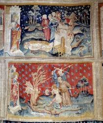 El telón del Apocalipsis: los cadáveres yacen en el suelo, el dragón lucha contra los siervos de Dios encarnados por un monje y laicos. 1373-1383. hecho por Nicolas Bataille (1330-1405) Angers, museo de la tapicería