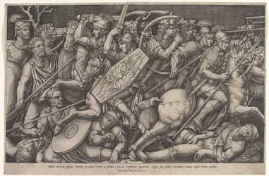 Soldados romanos luchando contra los dacios, escena de batalla en poca profundidad con caballos, 1553