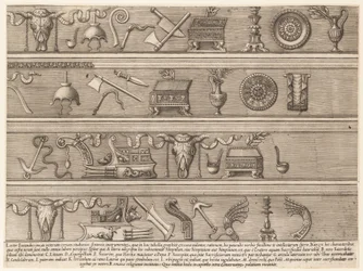 Speculum Romanae Magnificentiae: Instrumentos sacrificiales basados en relieve antiguo, ca. 1550-75