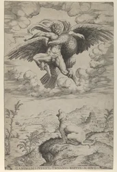 El rapto de Ganímedes por Júpiter en forma de águila llevándolo al cielo, 1542