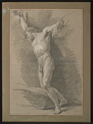Academia de un hombre desnudo con los brazos atados con cuerdas (tiza blanca y negra sobre papel gris)
