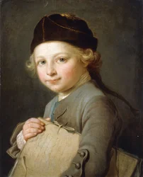 Retrato de un niño joven, medio cuerpo, con abrigo y gorra gris