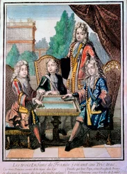 Los nietos de Luis XIV (1638-1715), Luis, duque de Borgoña (m. 1712), Felipe, duque de Anjou (1683-1746), y Carlos, duque de Berry, con su padre, Luis (m. 1711), delfín de Francia, jugando al trictrac (Trictrac o Trictrac: antepasado del backgammon)