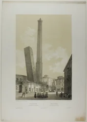 Bolonia: Las torres Asinelli y Garisenda, lámina 40 de Italie Monumentale et Pittoresque