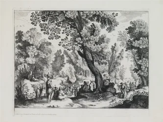 Un paisaje boscoso con el sermón de San Juan Bautista