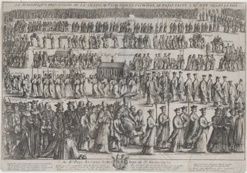 La procesión del féretro de Santa Genoveva, con clérigos y laicos marchando en seis filas, 1652