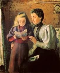 ""Ayuda para la lectura"" Detalle. Pintura de Nicolás Esparza Pérez (1873-1928). Diciembre 1880 Pamplona. Museo de Navarra.