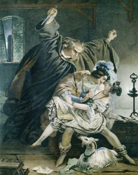 Esmeralda, Phoebus y Claude Frollo (Notre-Dame de Paris) de Victor Hugo. Ilustración de Nicolas Eustache Maurin, 1799-1850. Colección privada