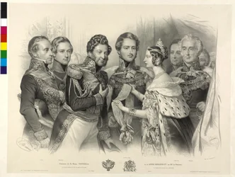 La Reina Victoria de Inglaterra entrega al Rey Luis Felipe de Francia la Orden de la Jarretera