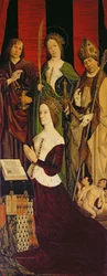 Tríptico de Moisés y la Zarza Ardiente, panel derecho que representa a Jeanne de Laval (d.1498) con San Juan, Santa Catalina y San Nicolás, c.1476