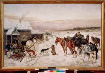 Devant une taverne en hiver (Antes de un pub en invierno) - Pintura de Nikolai Yegorovich Sverchkov (Nicolas Swertschkoff) (1817-1898), huile sur toile