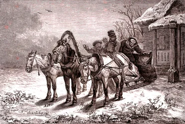 Rusia. Estación de relevo en 1865. Casa de postas.1865 (Grabado)