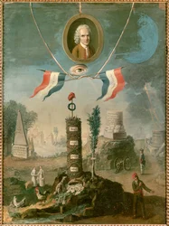 Alegoría revolucionaria: retrato de Jean-Jacques Rousseau, filósofo suizo (1712-1778), con símbolos de la revolución. Pintura de Nicolas Henri Jeaurat de Bertry (1728-ca. 1796)
