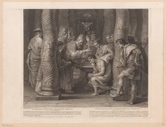 Bautismo del emperador Constantino por el Papa Silvestre I Constantinus bautizo solemniter initiatus / Constantin reçoit solemnelllement le baptème (título sobre el objeto) Historia del emperador Constantino el Grande (título de la serie)