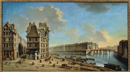 La isla Saint-Louis y el Puente Rojo vistos desde la plaza de Greve, París (pintura sobre lienzo)