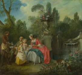 Una dama en un jardín tomando café con algunos niños, ca 1742