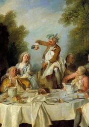 Desayuno de jamón. Escena de un banquete campestre alrededor de un jamón en la nobleza. (detalle)