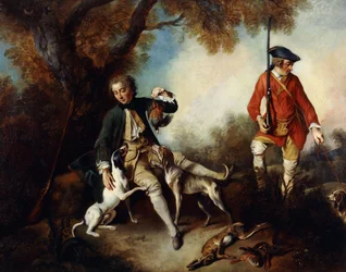 La Halte de Chasseurs: Un Cazador Sosteniendo un Ave de Caza y Descansando junto a un Árbol, su Sirviente y Perros Cerca