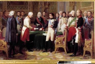 La entrevista de Erfurt, 27 de septiembre - 14 de octubre de 1808: Napoleón I recibiendo al Barón Vincent, un diplomático austriaco enviado por el Emperador de Austria. En el medio entre los dos personajes se ve a Charles Maurice de Talleyrand Périgord (17