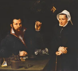 Retrato de un maestro Essai y su esposa, medio cuerpo, c.1561-7