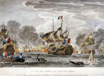 Guerra de la Liga de Augsburgo: "Vista de la batalla de Cabo Beveziers o Beachy Head entre las flotas francesa y anglo-holandesa el 10/07/1690" Dibujo de Nicolas Ozanne (1728-1811)