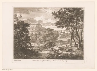 Paisaje de montaña con figuras junto al río.