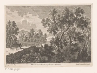 Paisaje forestal con caminantes cerca del agua. Paisajes forestales (título de la serie)