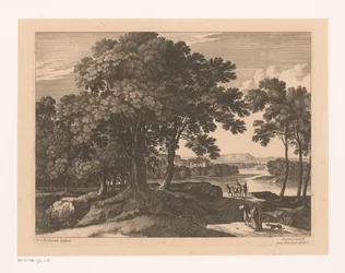 Paisaje con árboles y viajeros a lo largo de un río.