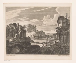 Paisaje con casas y ruinas a lo largo del río.