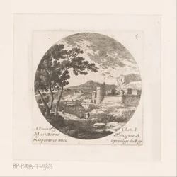 Ciudad fortificada y figuras en el árbol.