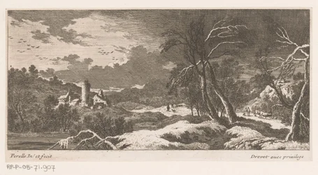 Paisaje de invierno con casas y torre.
